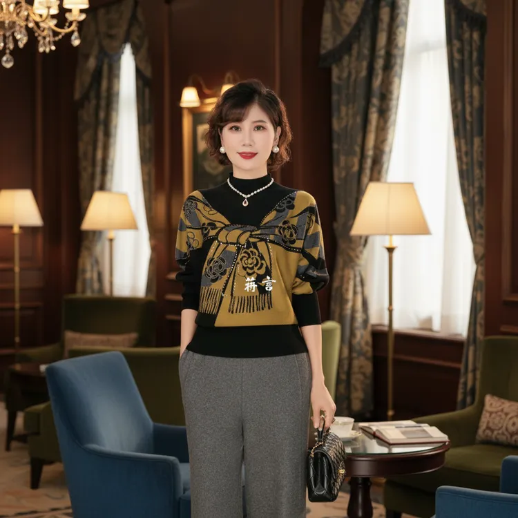 5070年轻妈妈冬装针织衫新款洋气毛衣中老年女装时尚打底衫上衣服