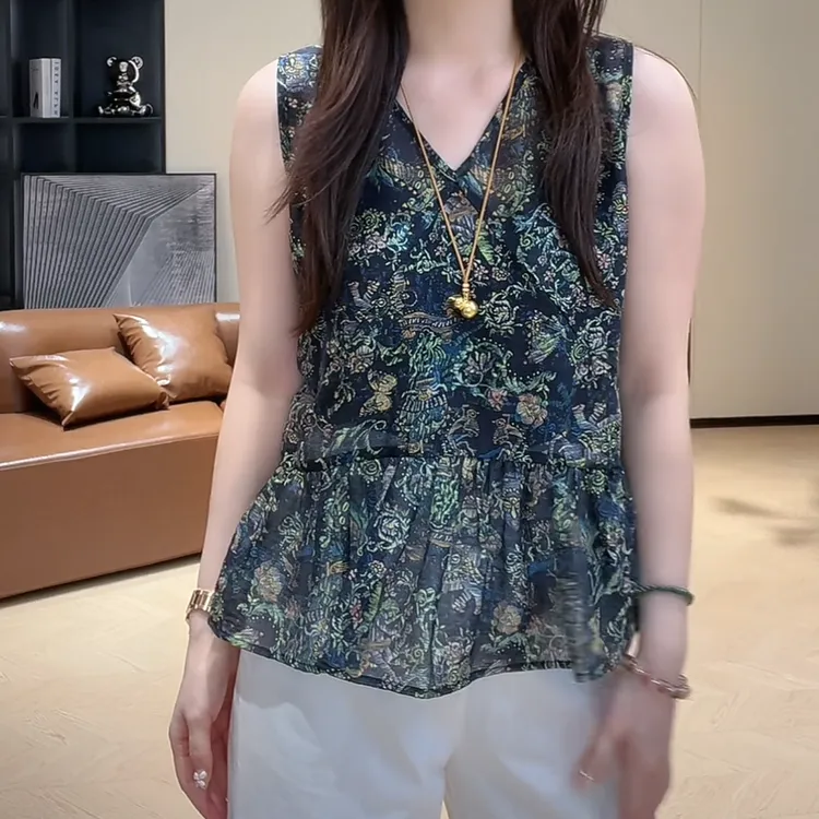 法式V领简约设计感碎花无袖背心马甲女2025夏季新款宽松显瘦上衣