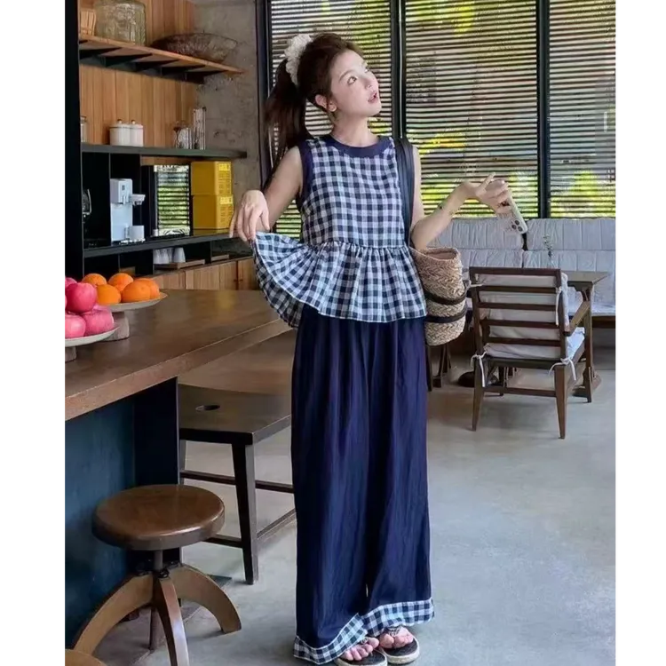 【FAFA】大码女装慵懒风格子半袖无袖背心阔腿裤夏日韩系新款