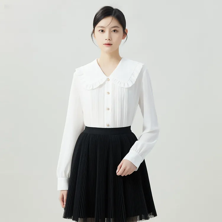 哥弟新款女装通勤百搭简约复古减龄彼得潘领精美长袖衬衫1300916