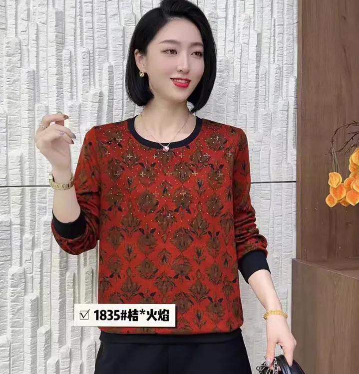1835#秋季圆领印花显瘦气质百搭上衣小衫（XL~6XL 90~165斤）