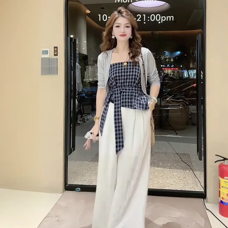 2025夏季新款韩系交叉绑带格子吊带防晒开衫宽松阔腿裤三件套女