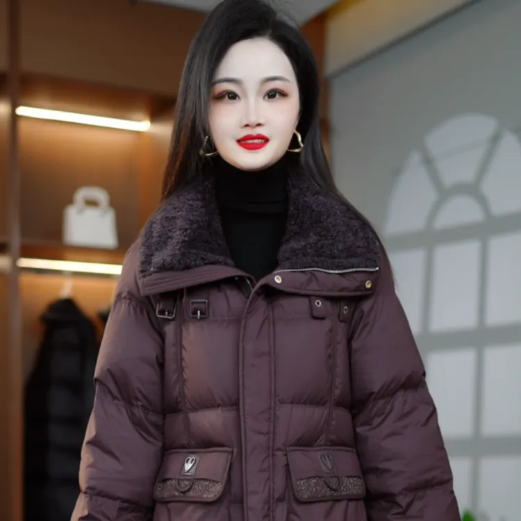 时尚毛领拼接优雅冬季长款保暖白鸭绒羽绒服M-4XL