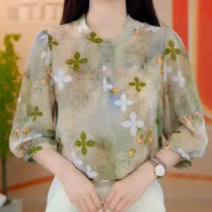 【洒银工艺】夏季薄款七分袖冰丝衬衫宽松大码胖mm宽松显瘦防晒小衫