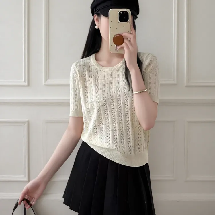 圆领纯色夏季短袖女款镂空针织衫宽松百搭时尚独特漂亮小衫设计感