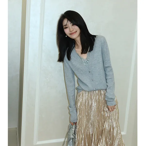 【可可专属】拼接衫玫瑰蕾丝开衫短款百搭温柔百褶秋季假两件针织衫