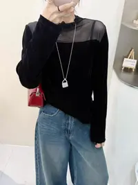 微透网纱拼接露肩显瘦气质半高领蕾丝打底衫1018