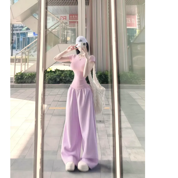 纯欲辣妹粉色休闲运动套装女夏季2025新款修身短袖阔腿卫裤两件套