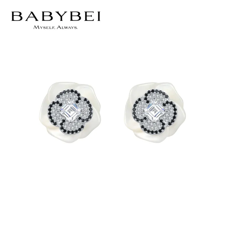 BABYBEI/初贝 925银耳饰 山茶花耳钉母贝花华丽优雅法式小众耳夹