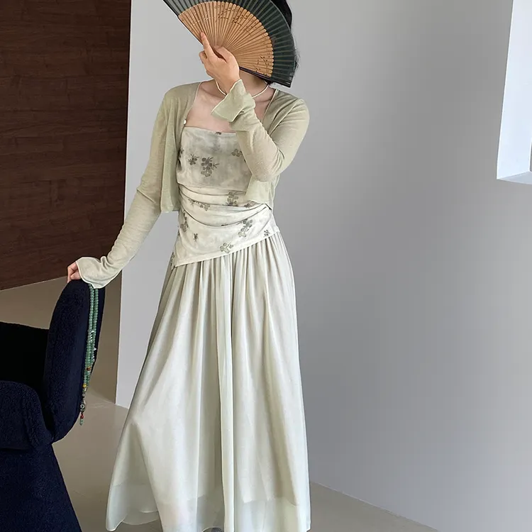 2025夏季新款吊带开衫半身裙新中式国风复古禅意风三件套女飘逸