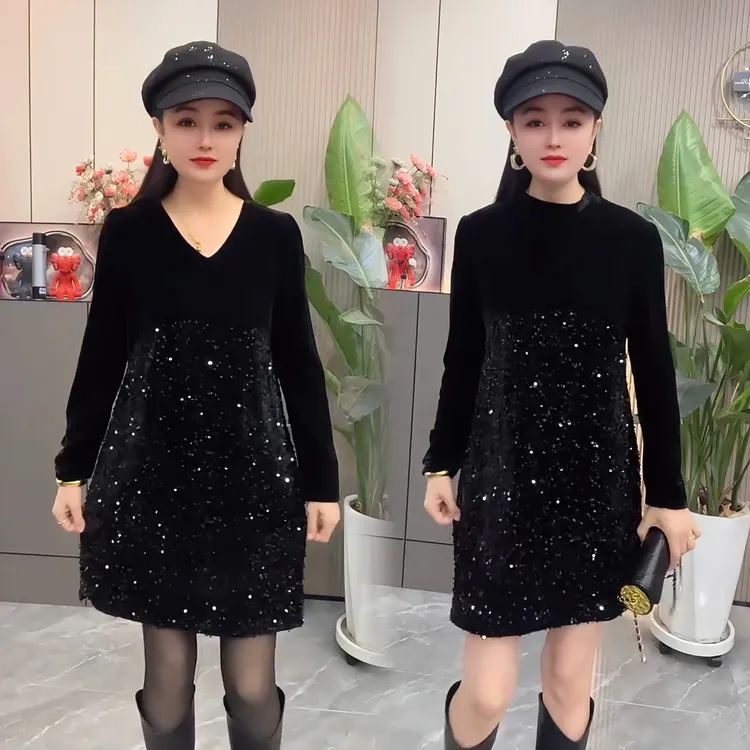 2025秋季新款时尚亮片拼接丝绒连衣裙长袖小黑裙千金风女时尚百搭