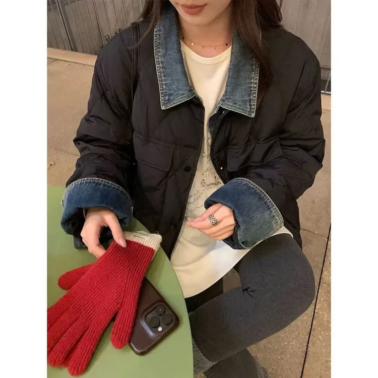 【NAZ微胖大码定制】冬季设计感时尚显瘦宽松加厚牛仔拼接棉服