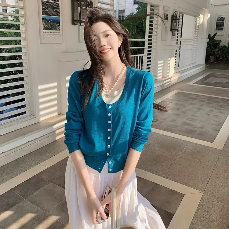 美洋MEIYANG 英伦校花开衫 三醋酸天丝假两件凉感抗菌撞色针织衫
