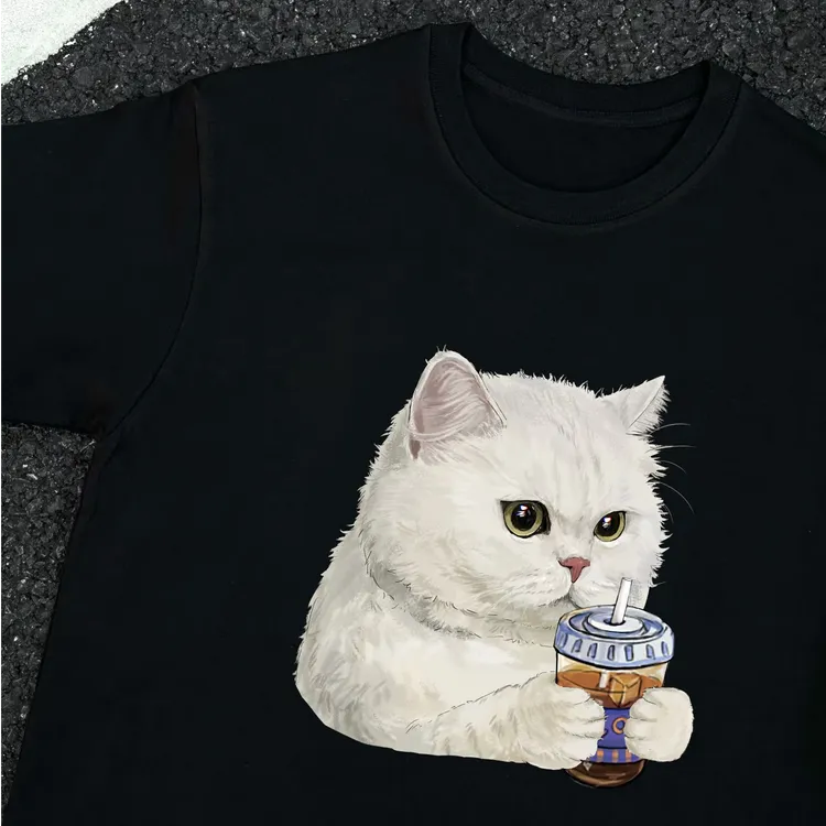 纯棉230克重磅T恤个性小猫印花休闲透气短袖情侣男女同款夏季短袖