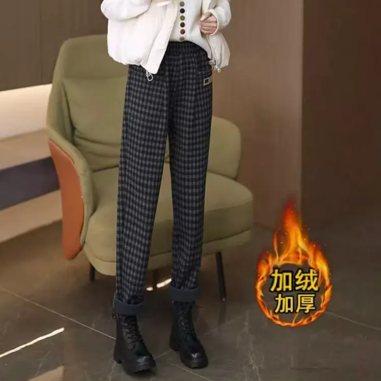 专柜版本毛呢哈伦裤女秋冬季新款加绒加厚宽松休闲格子直筒哈伦裤