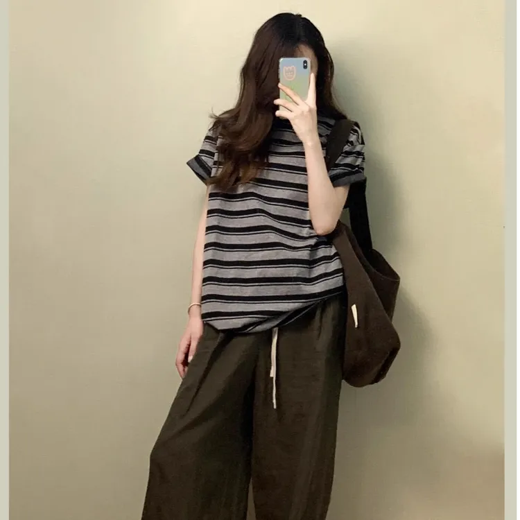 美式复古撞色条纹短袖t恤女2025新款小众休闲宽松百搭半袖上衣ins