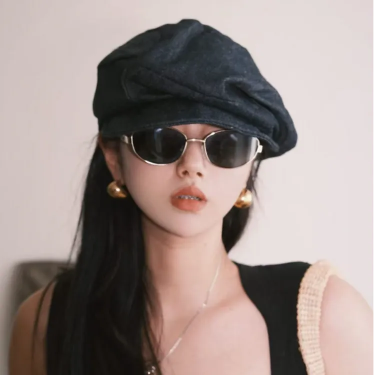 艺术生造型日系复古褶皱丹宁牛仔八角贝雷帽女显脸小报童前进帽子