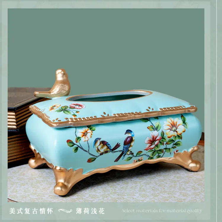 【欧式陶瓷彩绘纸巾盒】21*13.3*13.7CM  美式复古客厅摆件创意家用