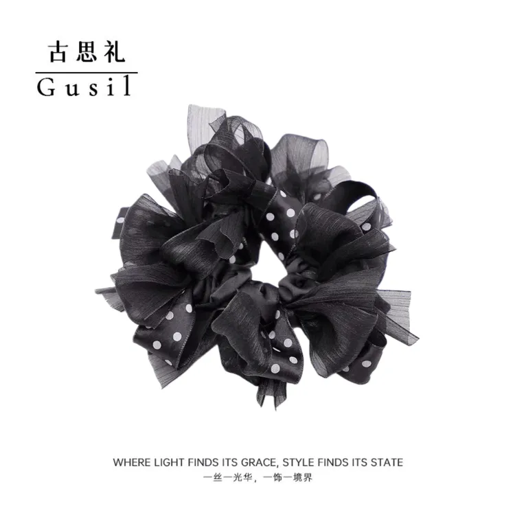 慵懒风优雅黑色波点蝴蝶结发圈GS9109