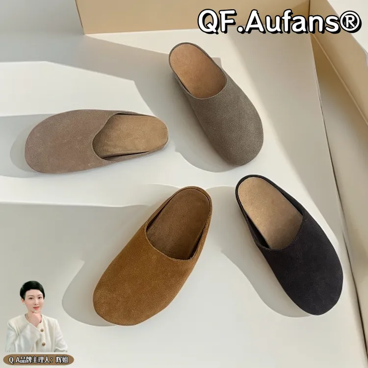 广州版ROW风轻奢包头平跟浅口真皮女拖复古凉拖休闲时尚百搭平底