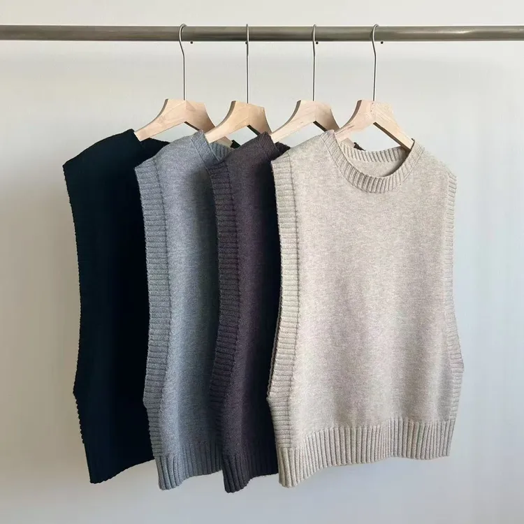 复古高级感圆领针织马甲秋季叠穿坎肩毛衣背心简约慵懒套头外搭潮