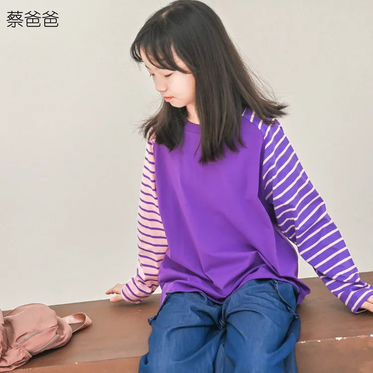 蔡爸爸童装新款文艺秋装大童紫色长袖撞色百搭条纹t恤837+871+933