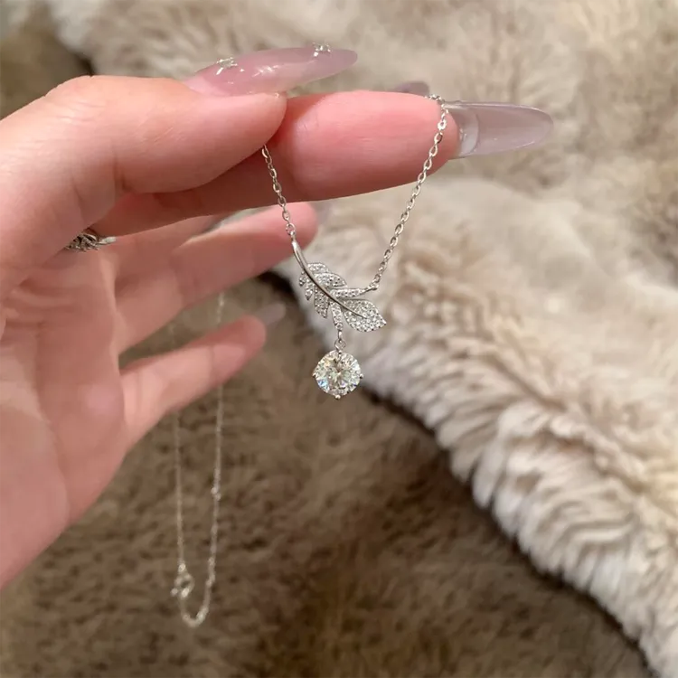 坠链均925银 纯银闪钻超仙羽毛吊坠项链女款轻奢小众高级感锁骨链