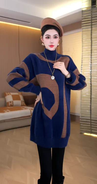 加厚保暖【焕蓝拼图】新款网红款时髦毛衣女毛衣上衣-3152#