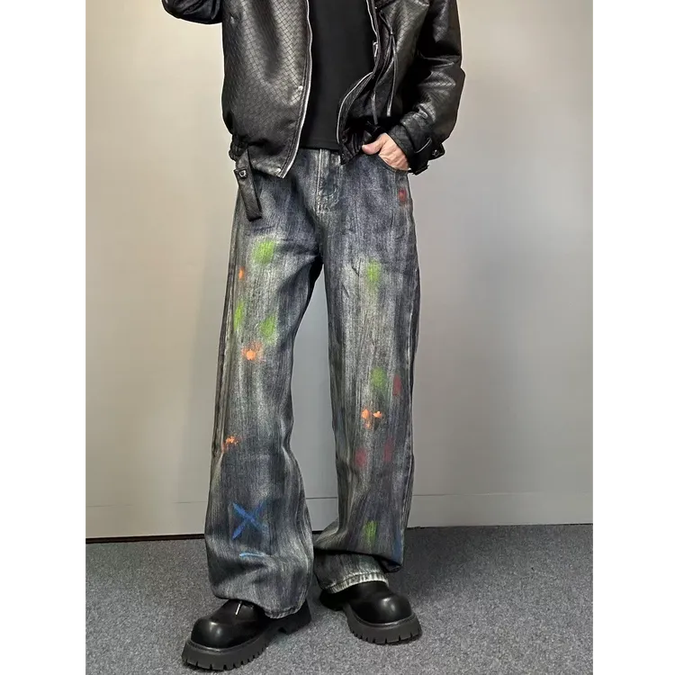 巴黎风美式水洗泼墨涂鸦高街嘻哈牛仔裤男宽松休闲直筒百搭直筒裤