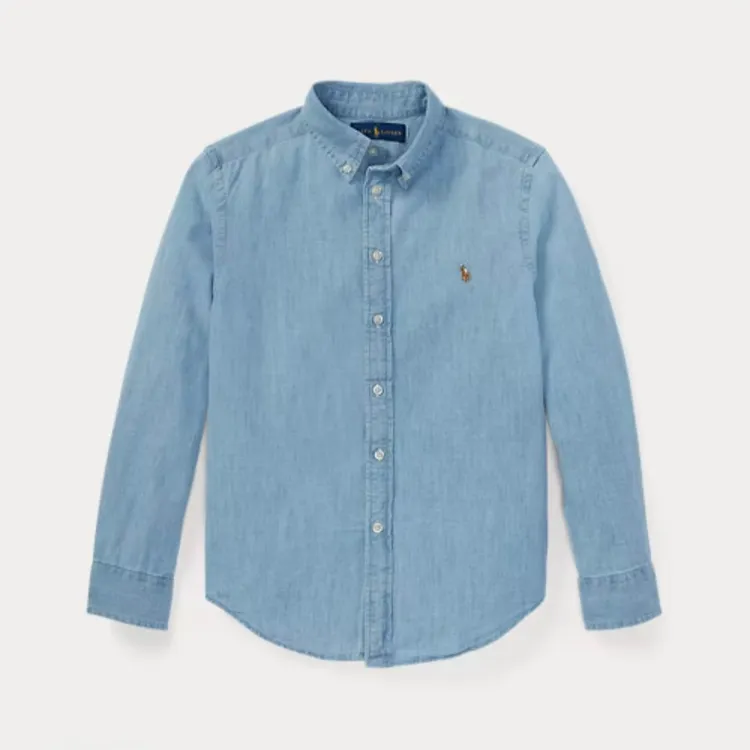 POLO RALPH LAUREN拉夫劳伦青少年男童款牛仔蓝色平纹青布衬衫