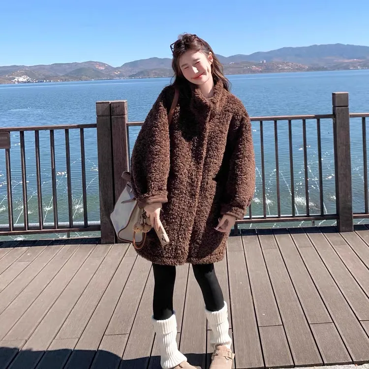 秋冬季仿羊羔毛大衣女宽松加厚皮毛一体小个子年轻款立领毛毛外套