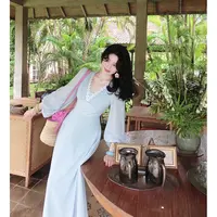 一然大码女装重工塔克工艺银线V领花边法式度假风长袖连衣裙13314