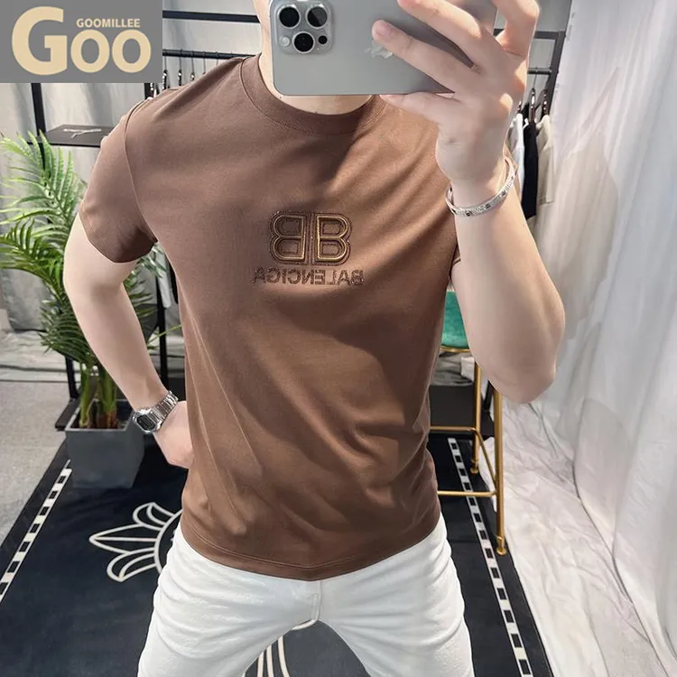 欧洲站2025夏季时尚字母刺绣短袖t恤男圆领休闲烫钻男士半袖潮牌