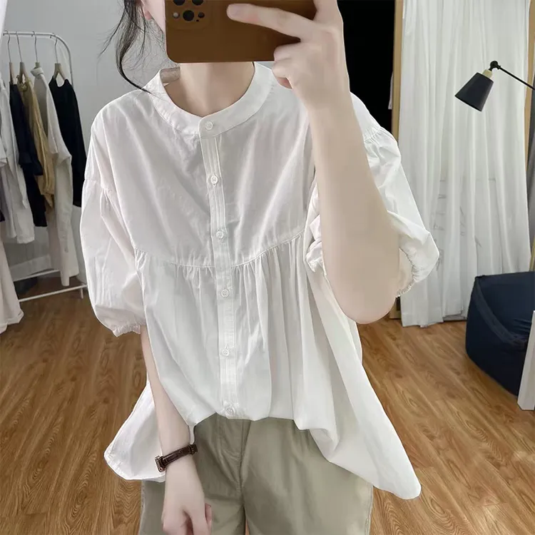 门店36&9！好穿暴击！元气娃娃衫~全棉显瘦圆领短袖衬衫女 D40073