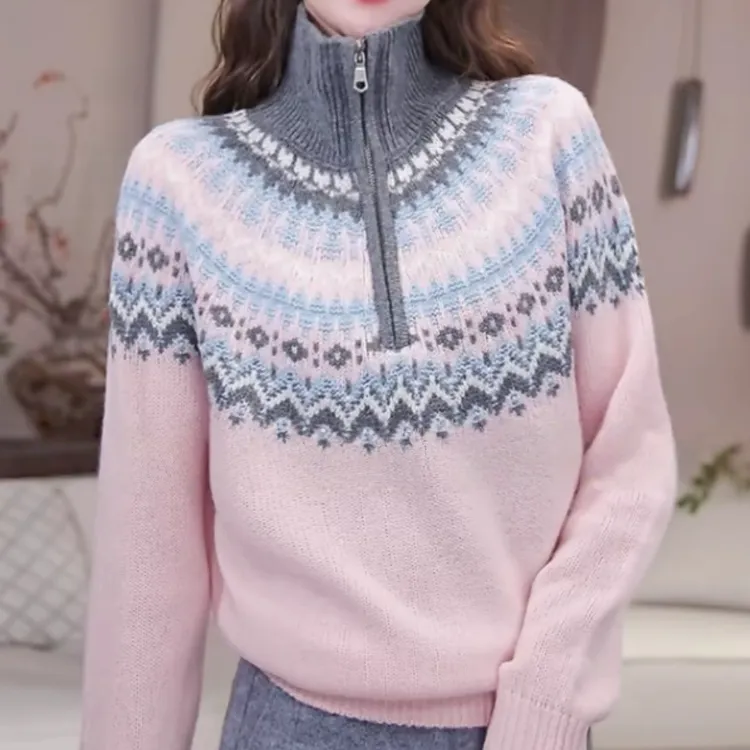 【蜜桃絮语】设计感撞色半高领宽松长袖针织衫冬季新款时尚百搭毛衣