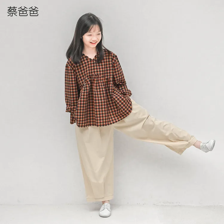 蔡爸爸原创童装v领洋气秋装少女格子长袖上衣服文艺856+700+169