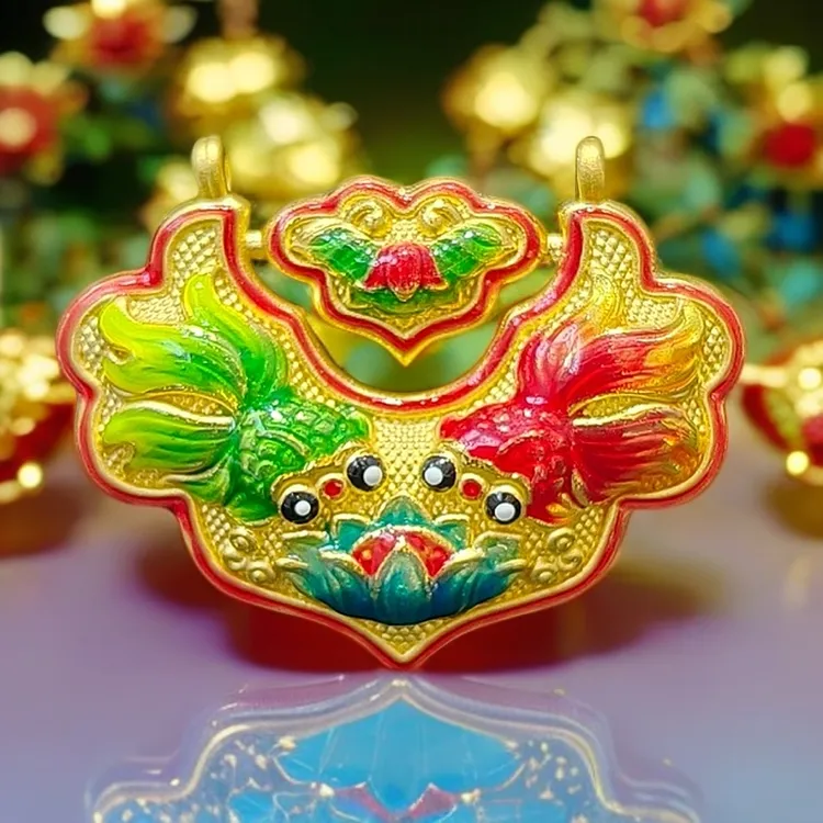硬足金【珐琅彩双面锦鲤锁】手工宝宝精美国风民族风国潮吊坠编绳