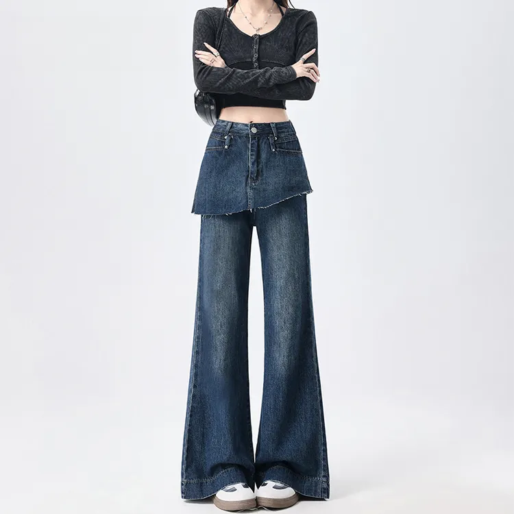 假两件屁帘美式牛仔裤女春秋2025新款深蓝色高腰显瘦微喇阔腿裤子