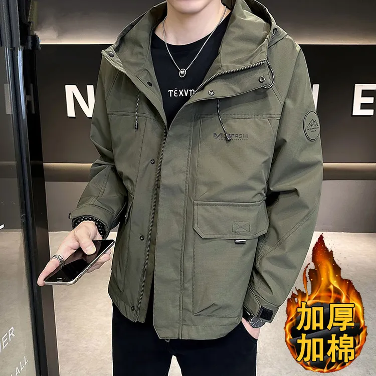 美式休闲外套男加棉加厚秋冬潮流夹克痞帅工装连帽上衣服春秋新款