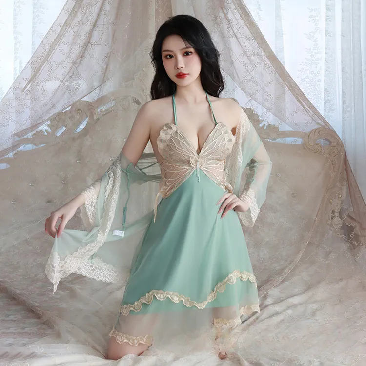 性感睡裙大蝴蝶挂脖吊带裙网纱外袍套装女睡衣抖英爆款居家加胸垫