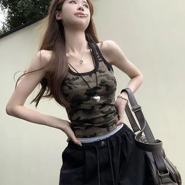 方领辣妹迷彩吊带背心春夏季新款短款美式甜酷修身外穿百搭上衣潮