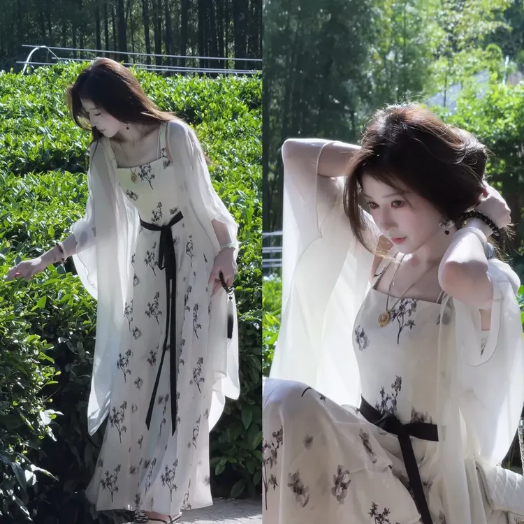 《折腰•水墨画》国风晕染黑白吊带连衣裙女时尚披肩显瘦高级感穿搭