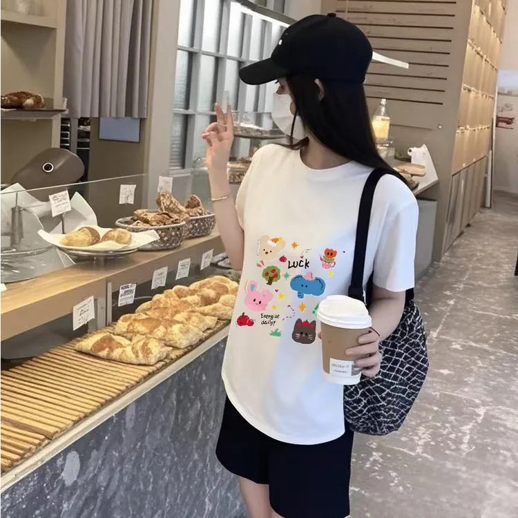 2025年夏季新款印花圆领短袖T恤女洋气百搭修身显瘦小个子t恤上衣