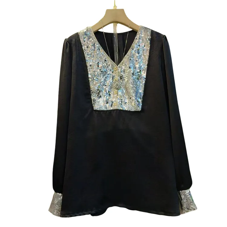 宫廷风法式拼亮片接遮肉新款百搭上衣