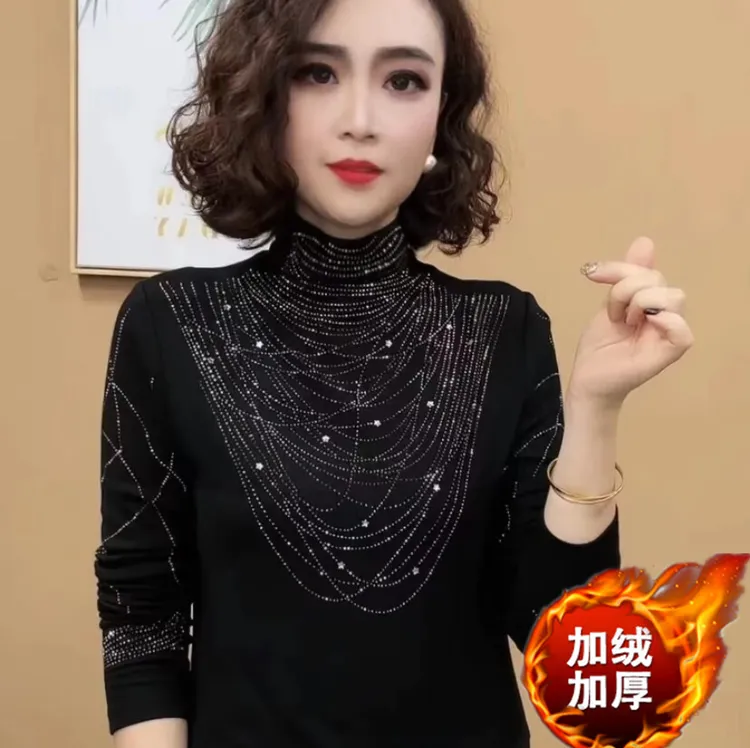 高档冬季新款半高领烫钻可外穿精致打底衫女气质百搭显瘦保暖上衣