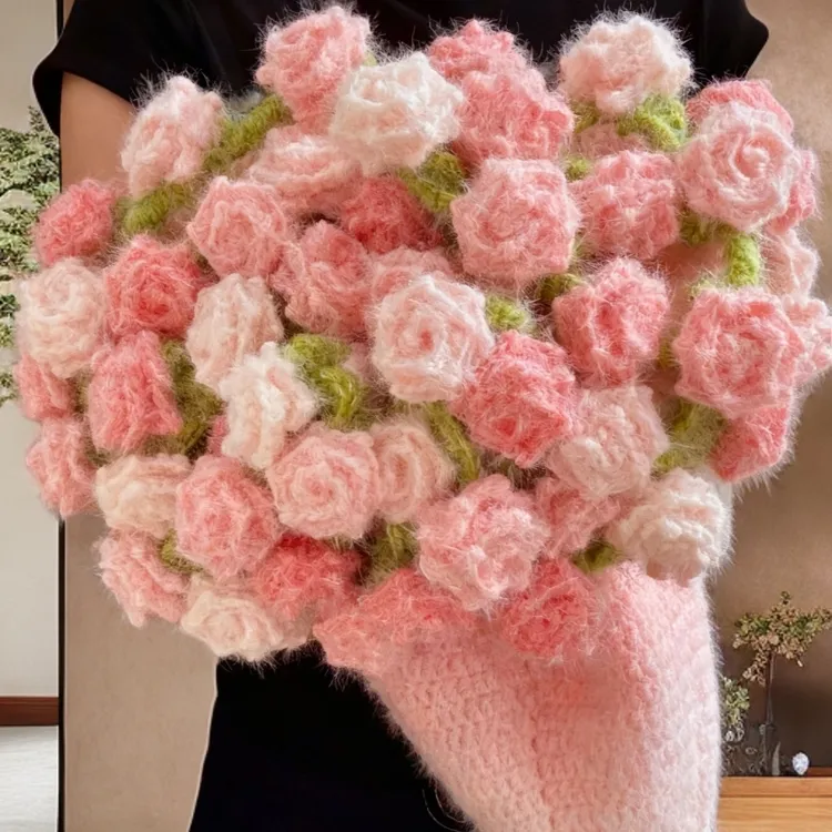新款长绒线尖角玫瑰花毯子diy手工编织花束创意礼物入冬午睡毯子商品图
