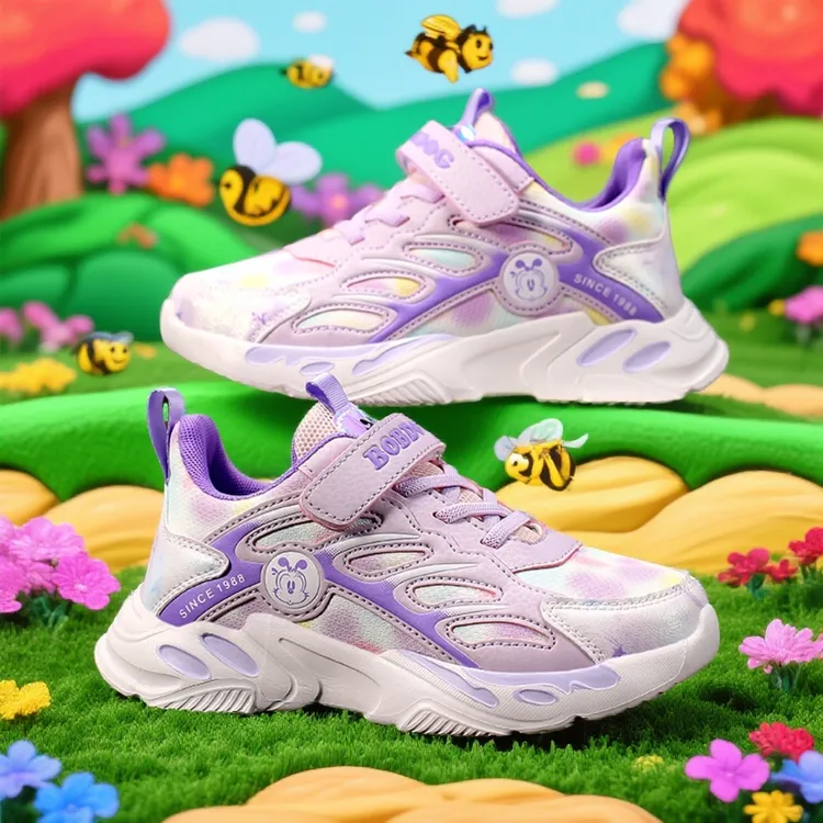 巴布豆童鞋女童鞋子2025春秋款皮面网面透气儿童运动鞋小女孩跑鞋