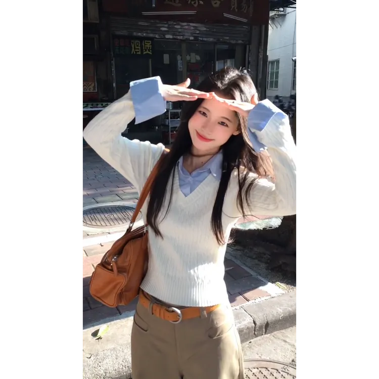 MARIE.COCO法式v领坑条针织衫秋季蓝色长袖衬衫港味复古长裤套装