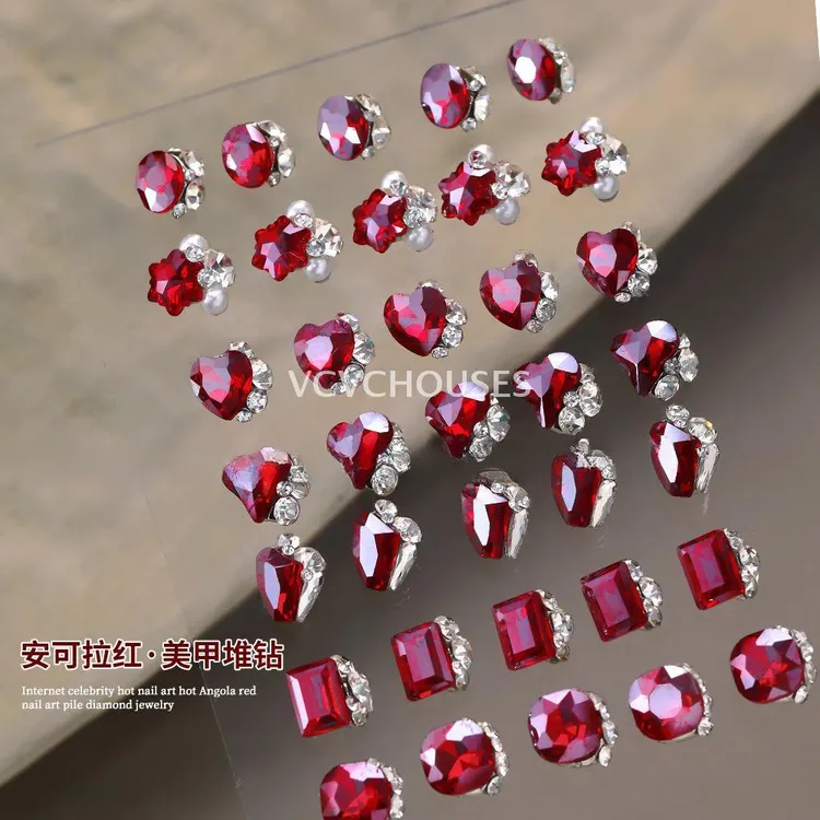 新年美甲堆钻饰品爆闪安可拉红歪心珍珠水晶异形指甲堆钻装饰10颗