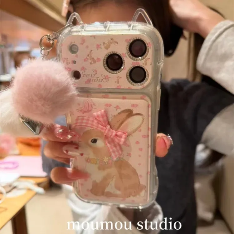 ins风立体猫耳碎花小兔图案适用iPhone17pro手机壳16promax挂件15